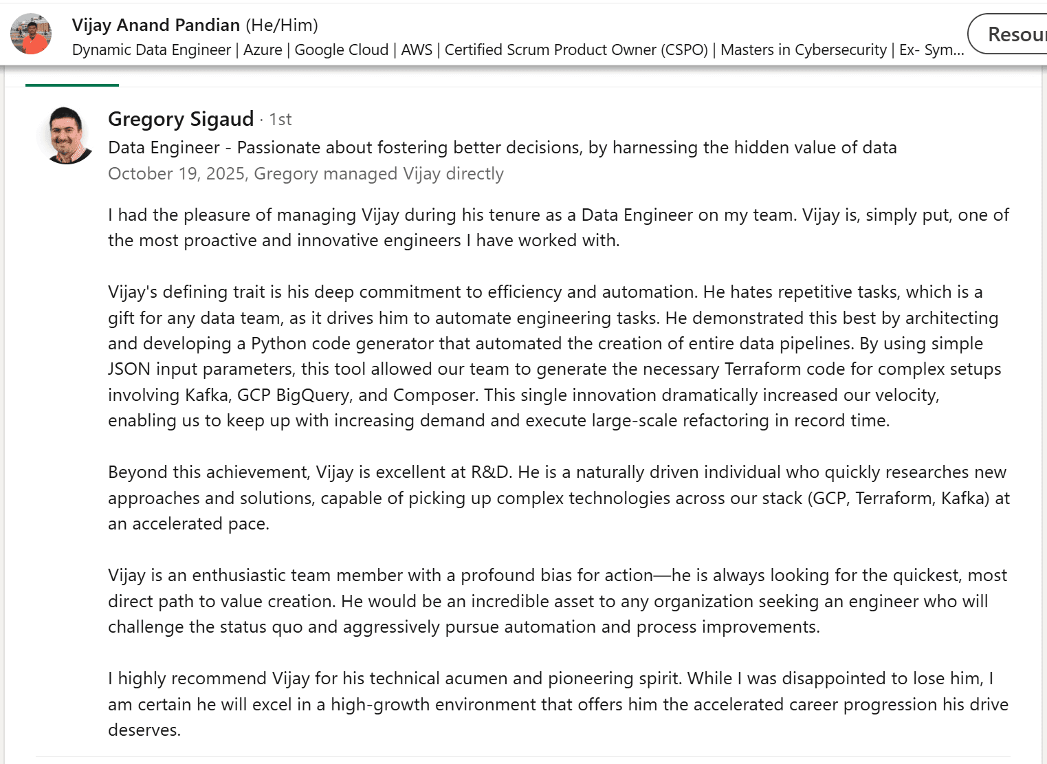 Gregory's LinkedIn Recommendation